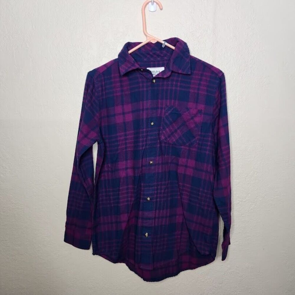 Field & Stream Flannel Shirt Girls XL Blue Madras Print Cotton Button-Up Outdoor